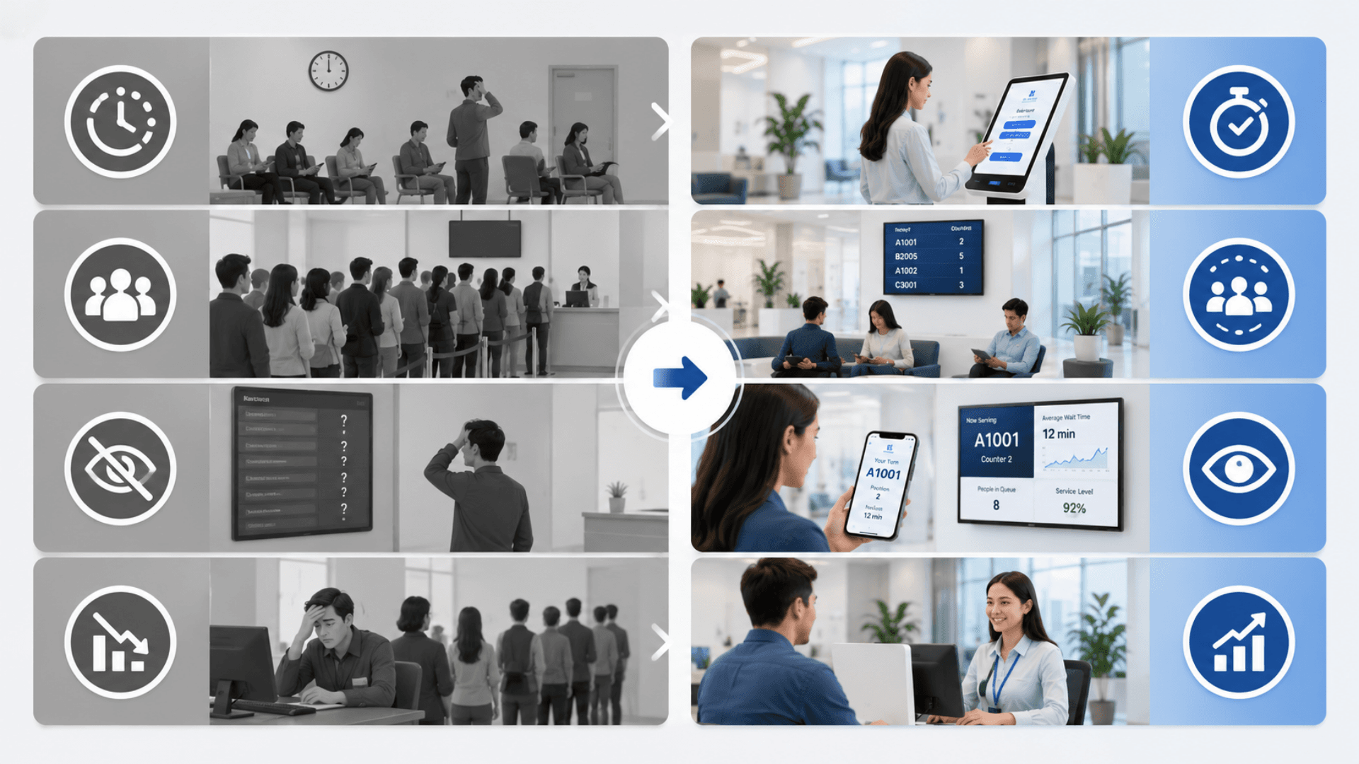 Traditional queuing problems vs modern queue management system solutions: long waits, crowding, no visibility, and poor service efficiency