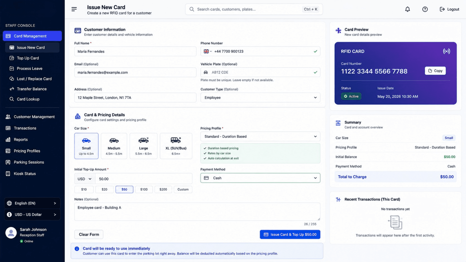 Smart Parking staff card-management console issuing a new RFID card with customer details, car size, pricing profile, initial top-up