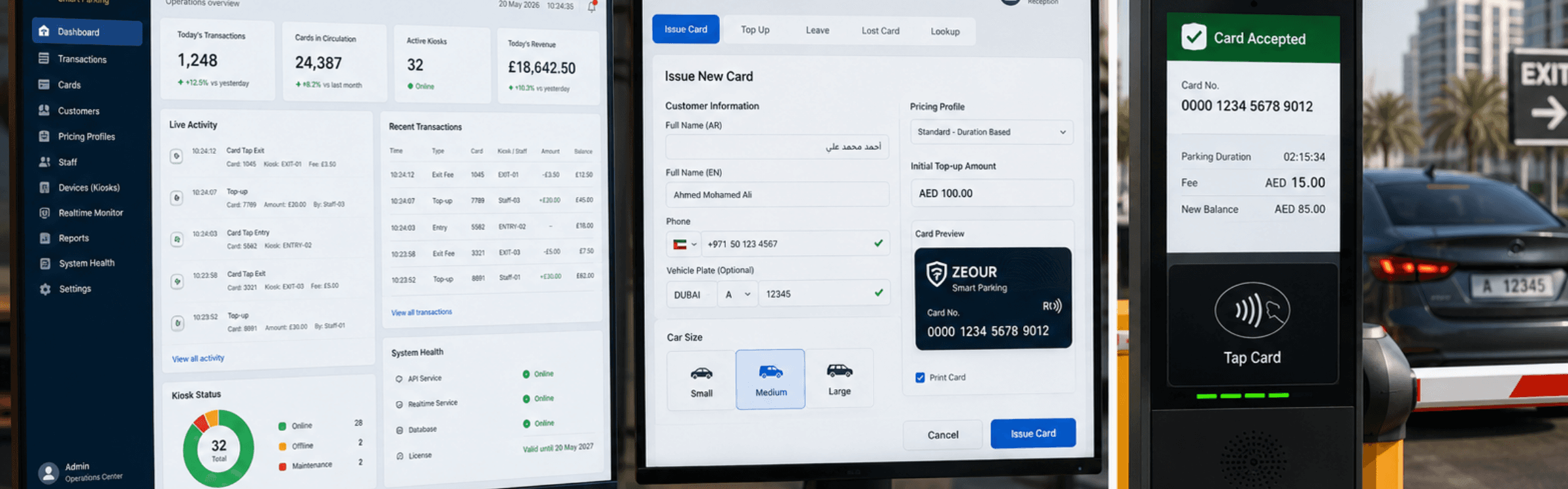Smart Parking Management System hero strip — admin dashboard, staff card issuance, exit-lane kiosk