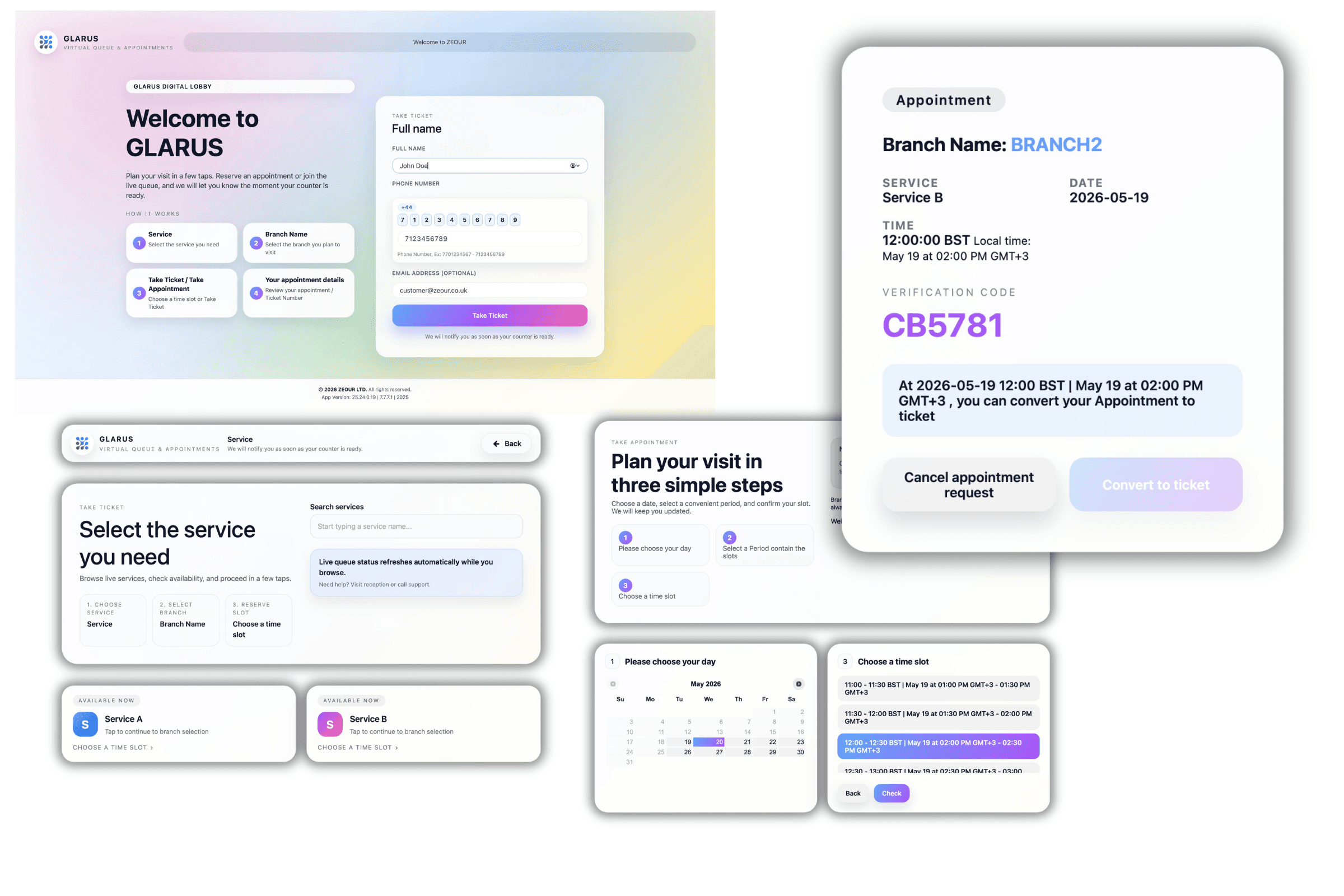 Online appointment booking flow integrated with virtual queue management — time-slot selection, reminders, and auto-conversion into a live branch ticket