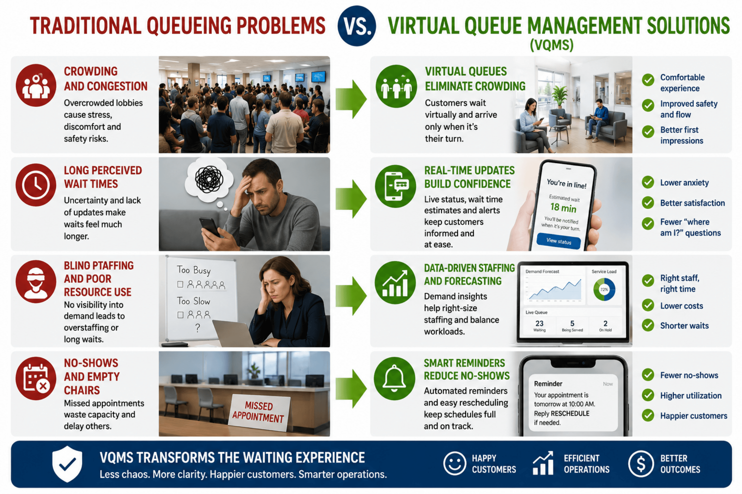 Traditional queueing problems vs virtual queue management solutions — crowding, long perceived waits, blind staffing, and no-show drag fixed by VQMS