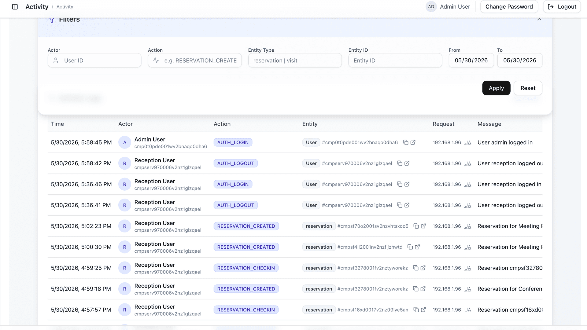 GLARUS VMS audit trail and activity log dashboard showing actor, action, entity, timestamp, and structured metadata