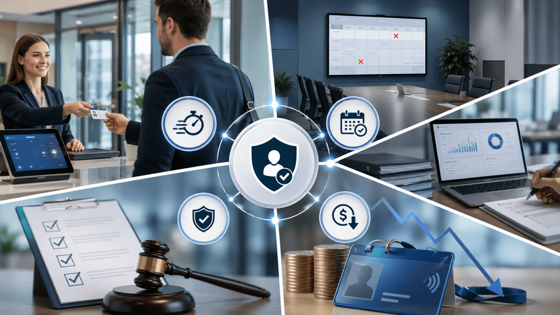 Benefits infographic for GLARUS visitor management — faster check-in, fewer no-shows, real audit trail, lower card-replacement cost, compliance-ready