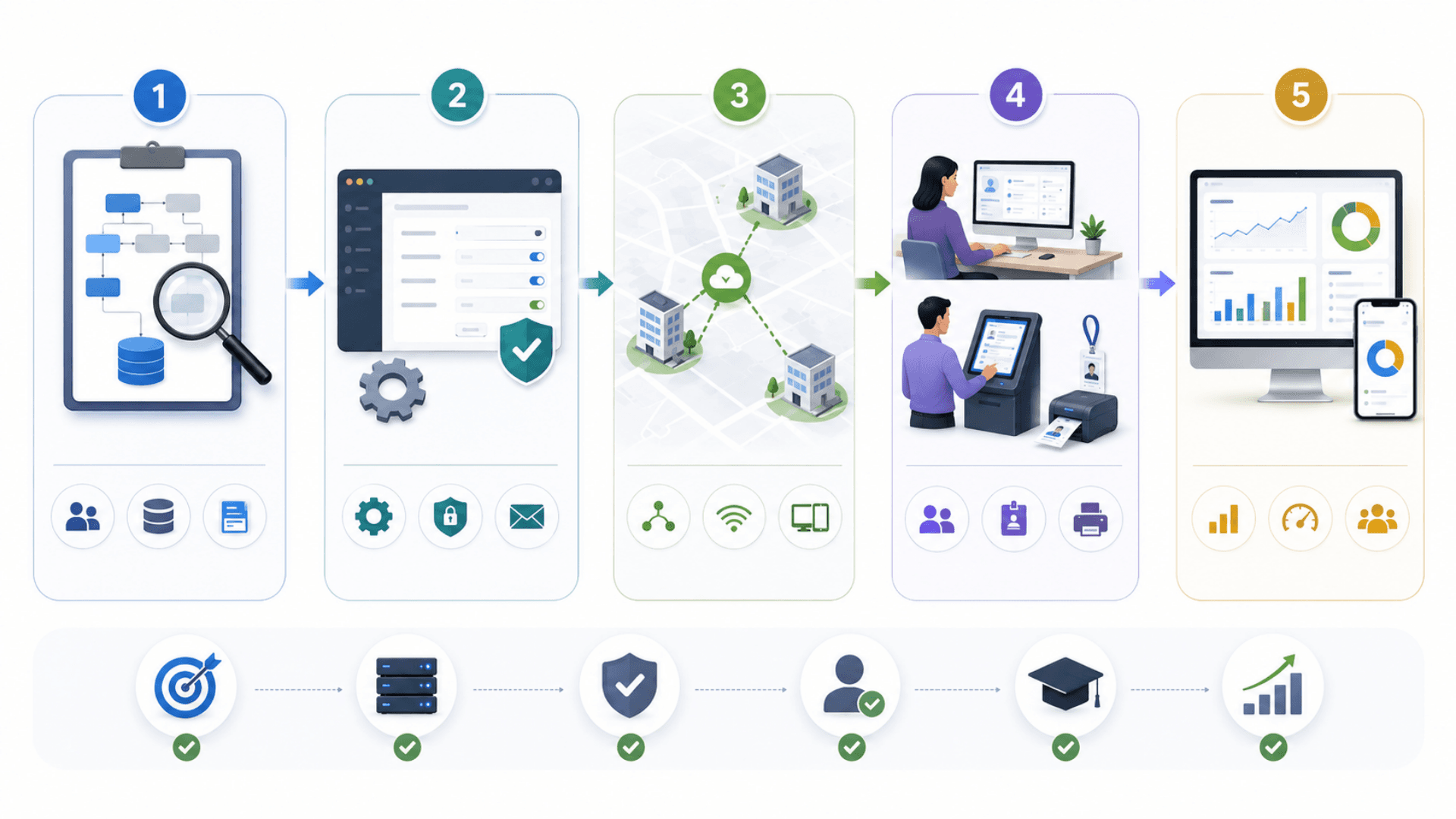 Deployment checklist graphic for implementing a GLARUS visitor management system across single or multi-site estates