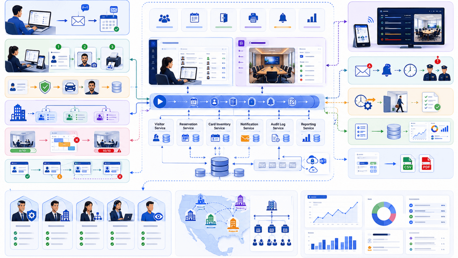 Deep dive diagram of GLARUS visitor management modules including reception backend, meeting display companion, real-time event bus, and audit log