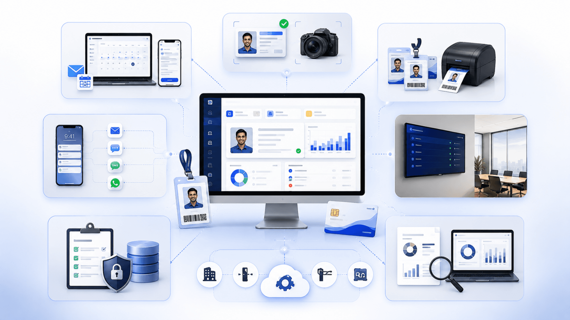Key features of GLARUS visitor management — pre-registration, identity capture, card inventory, real-time notifications, meeting display, audit, integrations