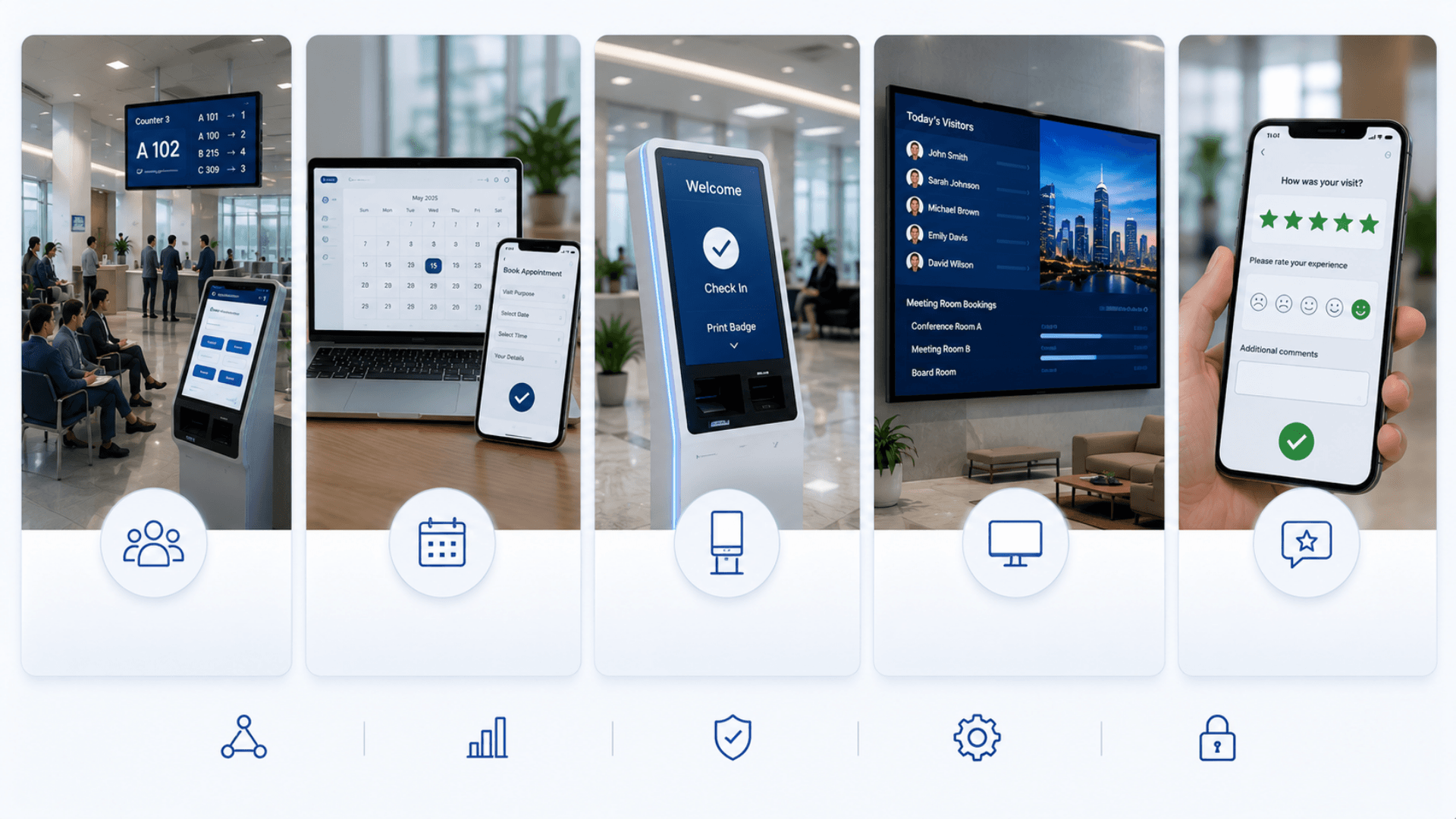 Related GLARUS solutions to visitor management — queue management, online appointments, self-service kiosks, digital signage, customer feedback