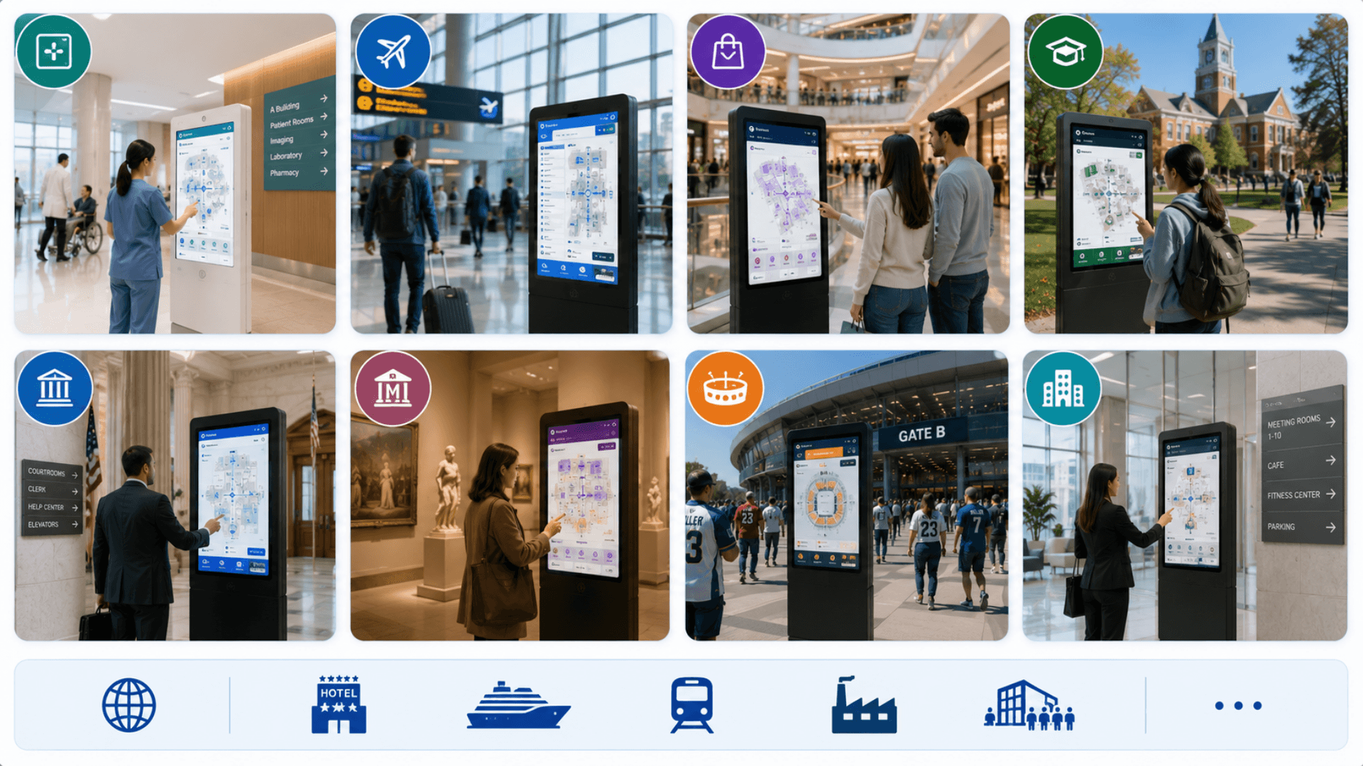 Industries served by GLARUS wayfinding — hospitals, airports, malls, universities, government, museums, stadiums, more