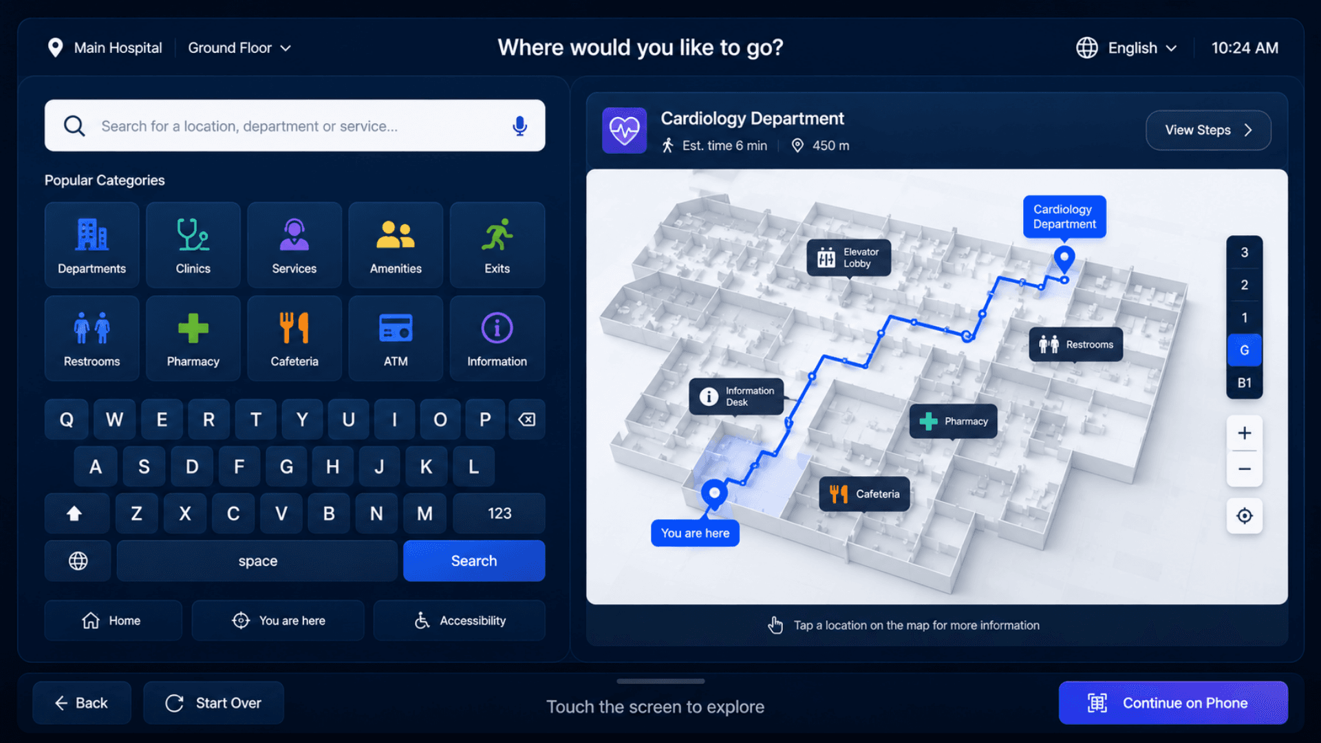 GLARUS WFS touch-first kiosk UI showing search, categories, on-screen keyboard, and floor map preview