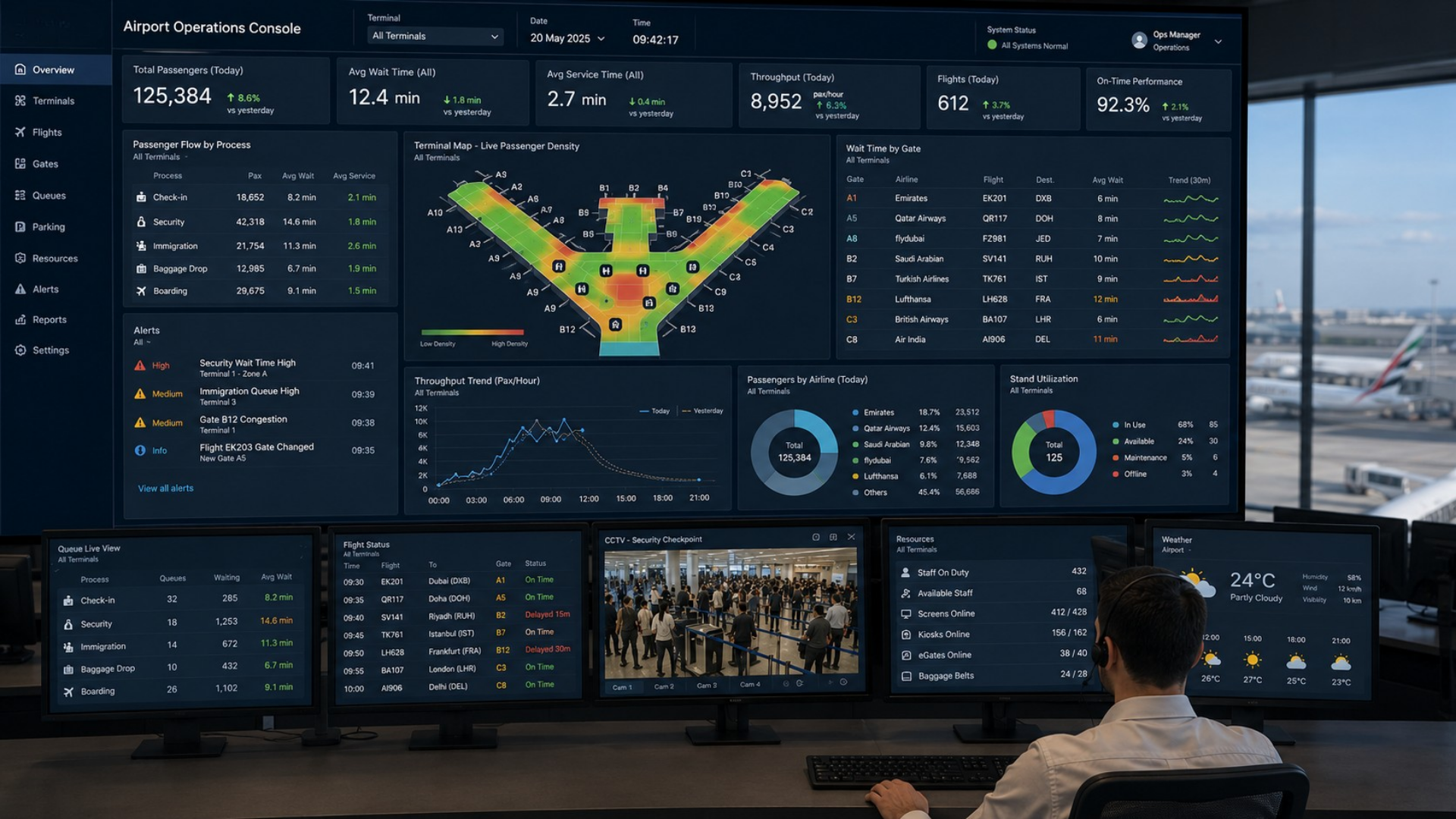 Airport operations console showing per-gate, per-airline, per-process passenger flow, wait time, and service time across the terminal.