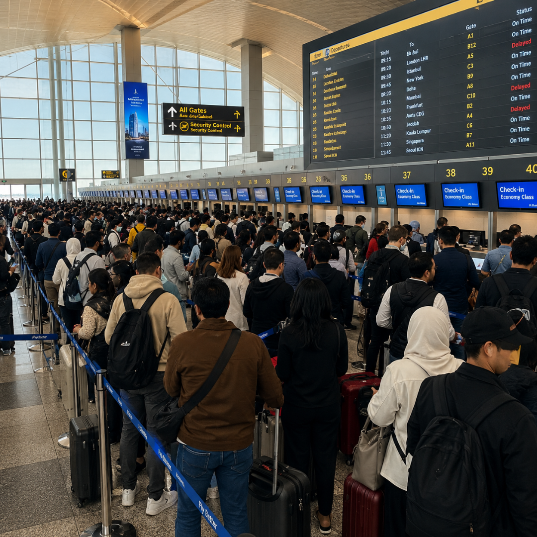 Long queues at airport check-in counters during a peak departure window — the operational reality Zeour passenger flow and virtual queueing addresses.