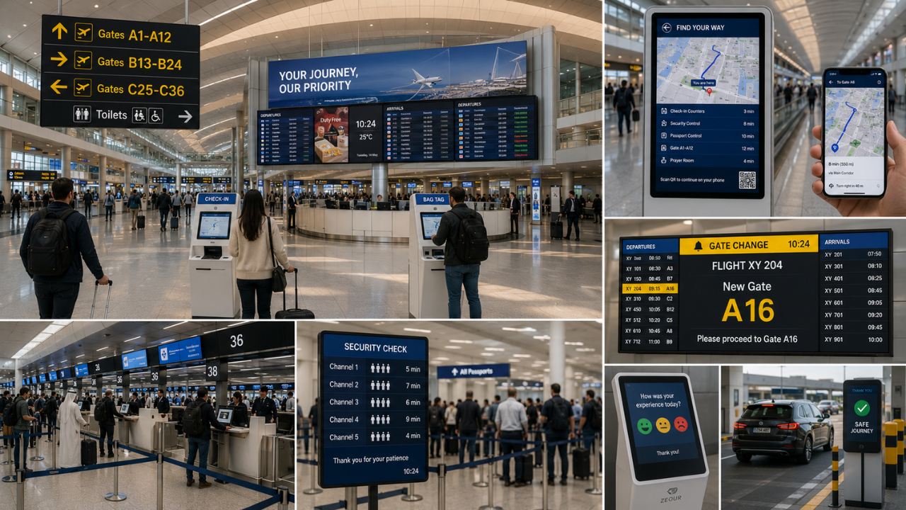 Multi-pier airport terminal deployment — passenger flow management, digital signage, wayfinding, and self-service kiosks across a hub terminal.