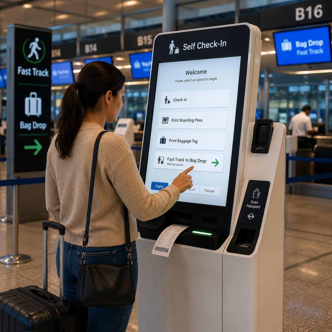 Passenger using a self-service check-in kiosk at an airport — boarding pass print, baggage tag, fast-track routing to bag drop.