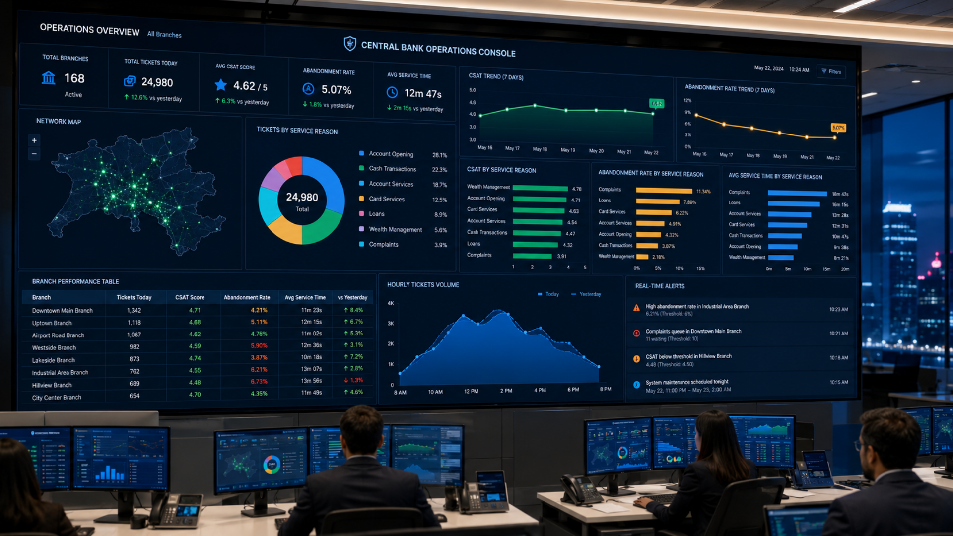 Central bank operations console showing per-branch, per-reason CSAT, abandonment, and service-time data rolled up across a multi-branch network.