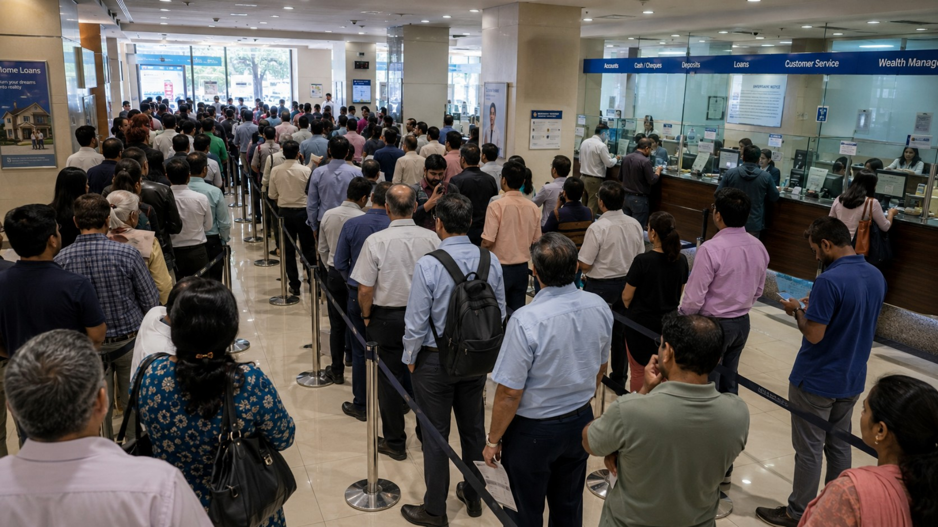 Crowded retail-bank foyer with unmanaged customer queues — the operational pain Zeour per-reason routing and virtual queueing solves.