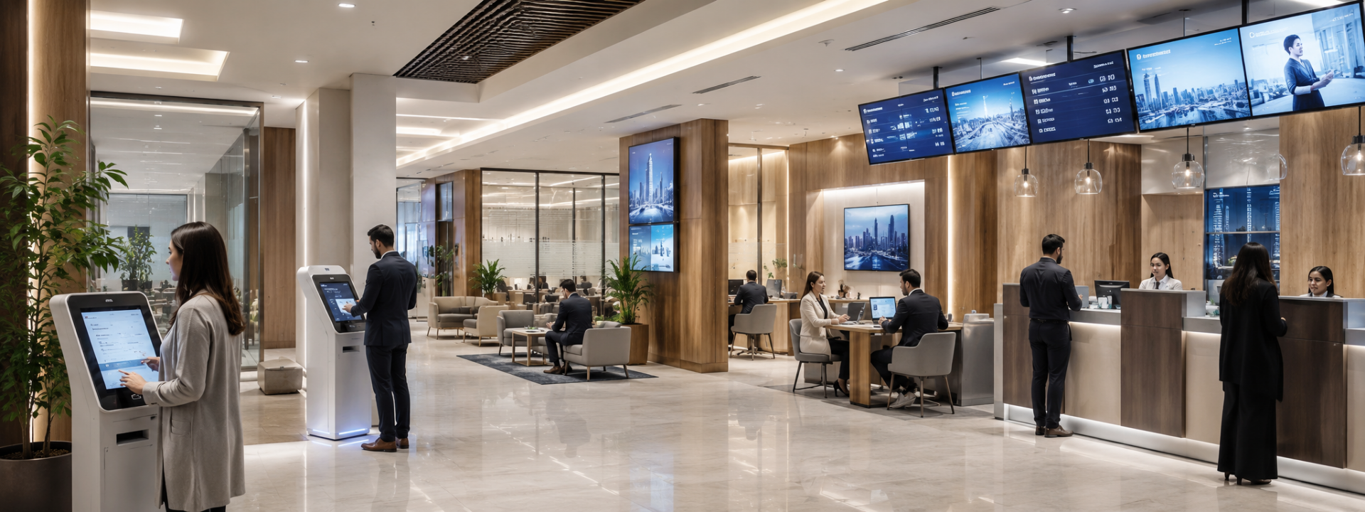Bank branch transformation in operation — Zeour queue management, signage, and self-service kiosks deployed across a multi-branch retail bank network.