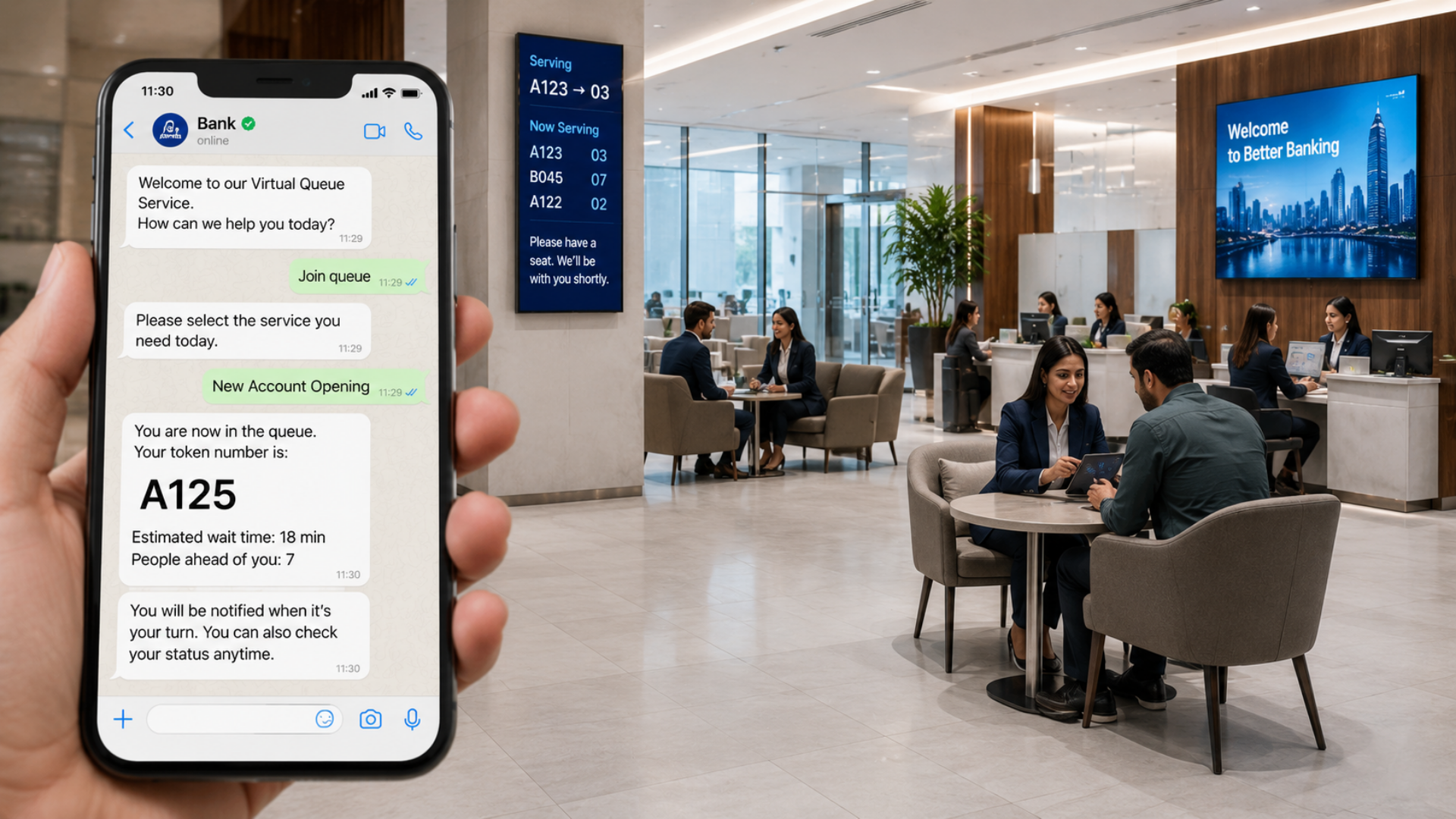 Bank customer joining a branch queue remotely from a smartphone via WhatsApp virtual ticket — the foyer stays clear for advisory work.