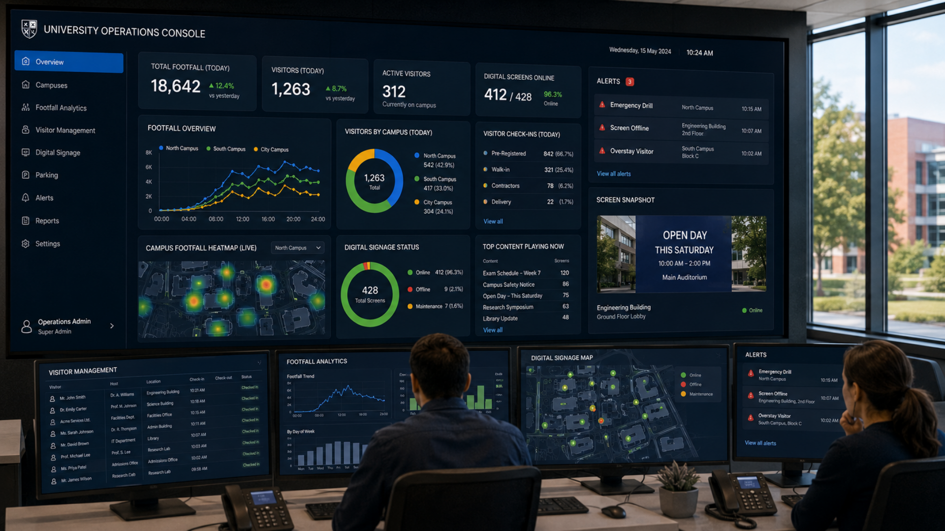 Central operations console showing footfall, visitor management, and digital signage health across a multi-campus university estate.
