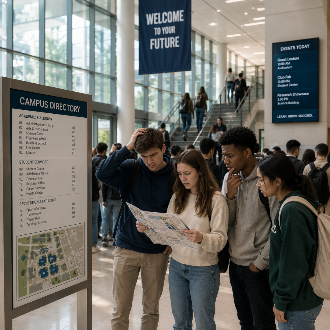 Disoriented students and visitors in a university lobby reading a paper directory — the operational problem Zeour wayfinding and signage networks solve.