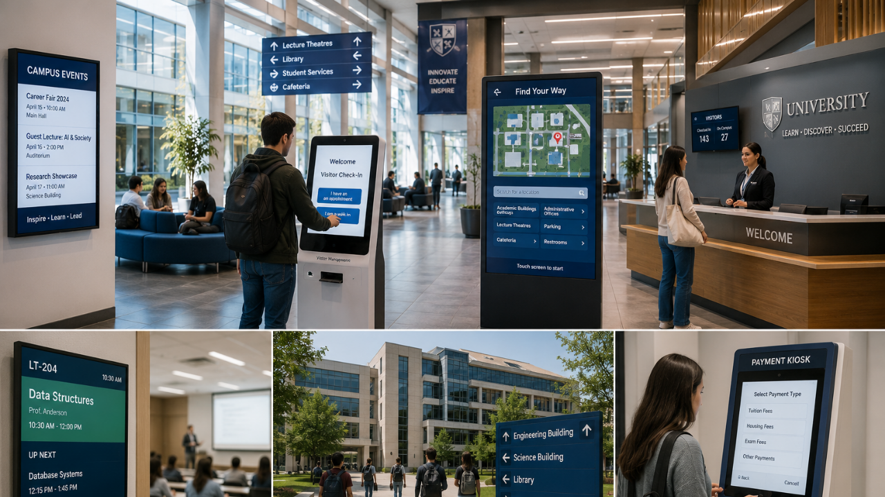 University campus deployment — visitor management, wayfinding, and digital signage across multiple faculty buildings.