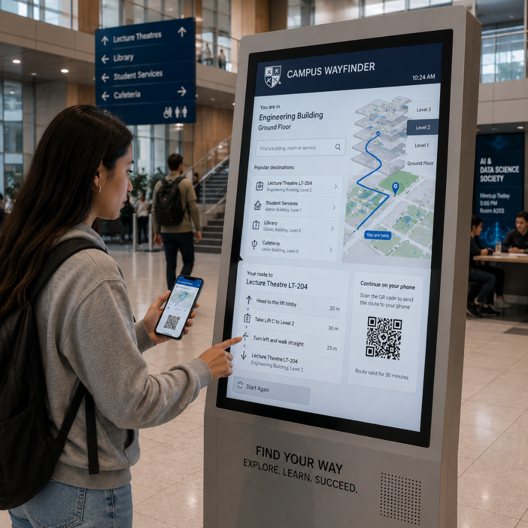 Student at a wayfinding kiosk in a faculty building lobby — multi-floor route to a specific lecture theatre handed off to the phone via QR code.