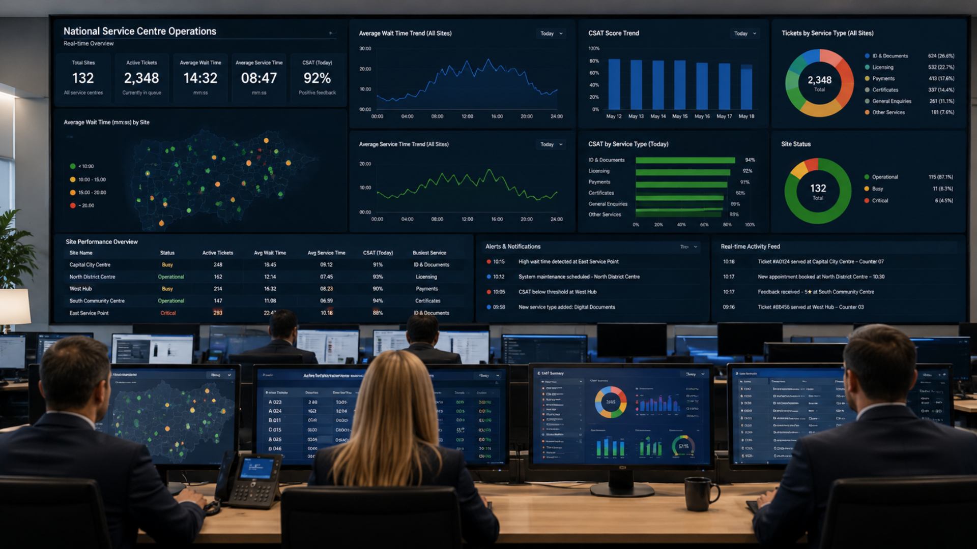 Central government operations console showing per-site, per-service-type wait time, service time, and CSAT for a nationwide service-centre programme.