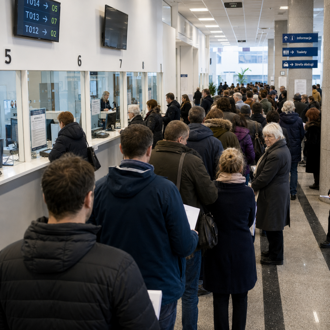 Long citizen wait lines at a government service centre — the operational problem Zeour per-service-type routing and appointment booking solves.