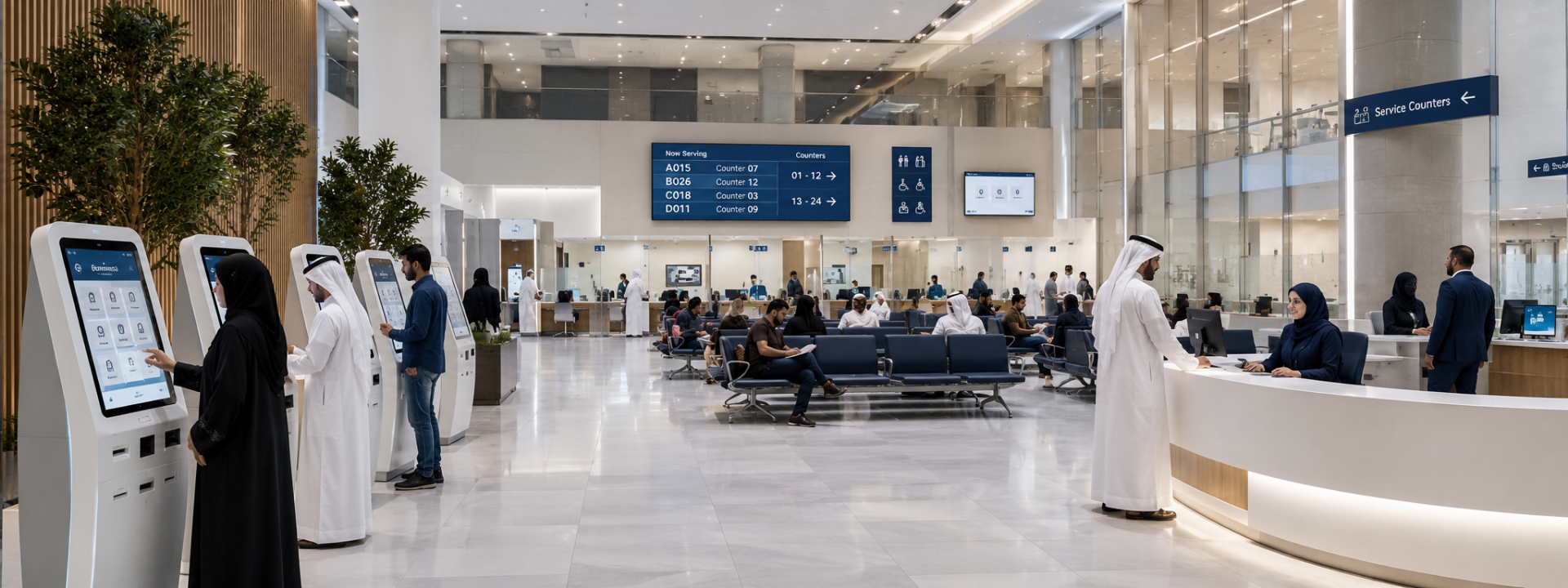 National government one-stop-shop programme deployment — visitor management, queue routing, and self-service citizen kiosks in production.