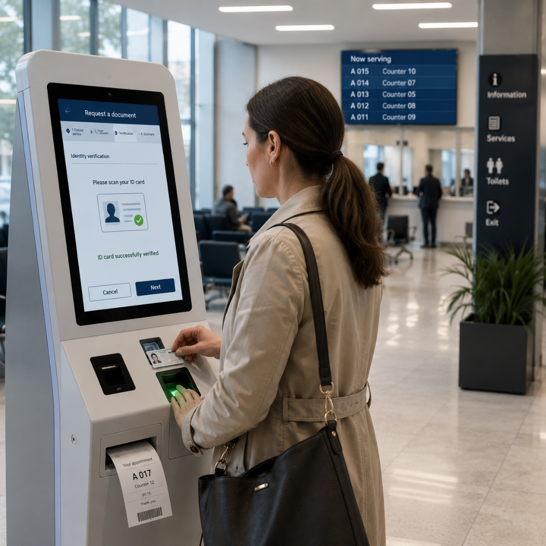 Citizen at a self-service kiosk requesting a government document — ID scan, biometric capture, appointment booking, badge or receipt print.