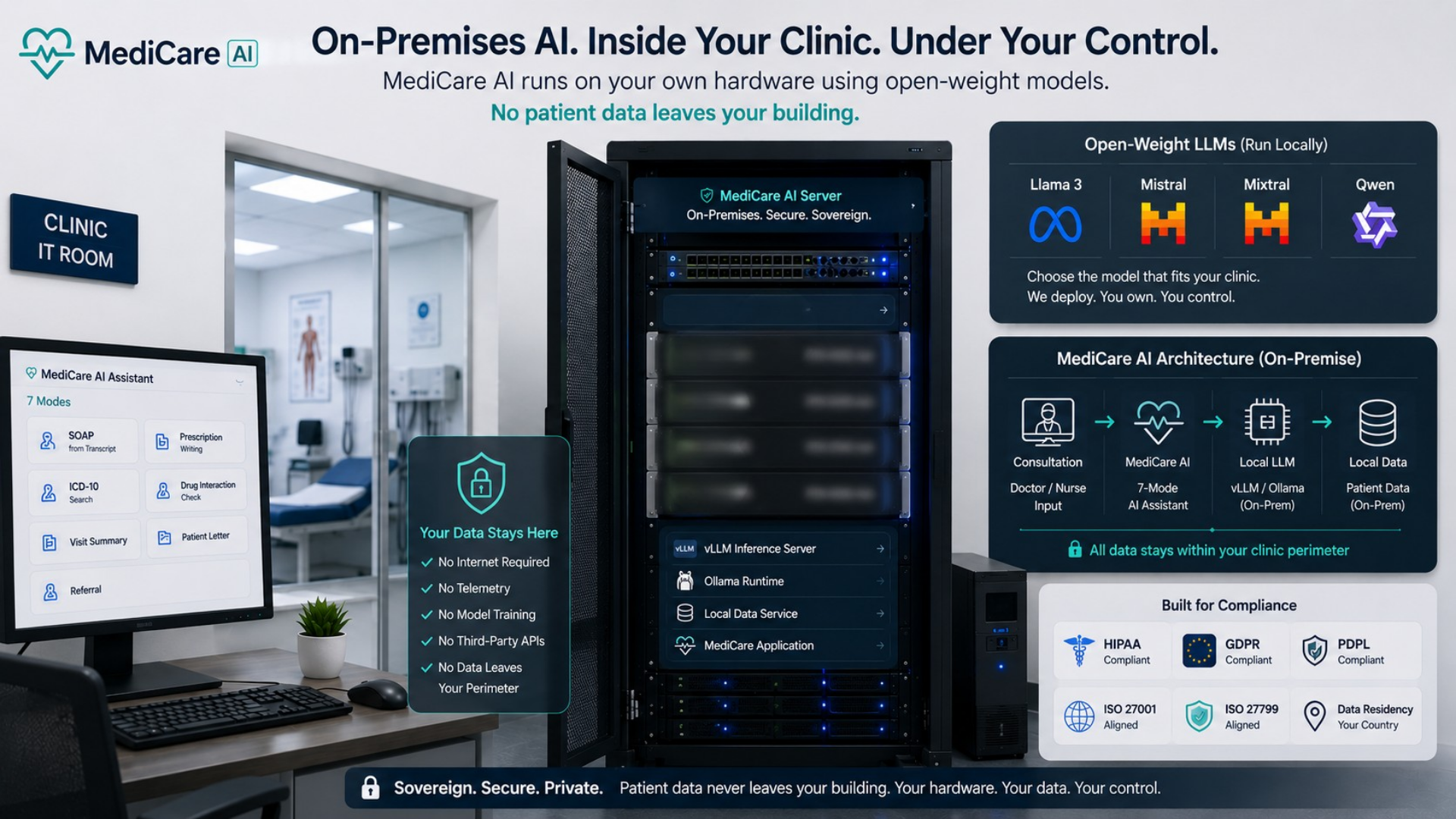 On-premises GPU stack running open-weight LLMs (Llama, Mistral, Mixtral, Qwen) for MediCare AI inside the clinic perimeter — no patient data leaves the building.