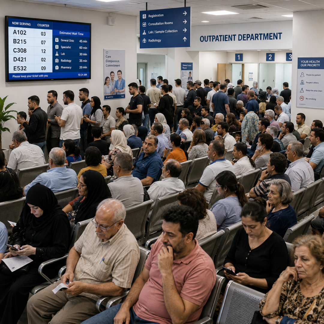 Overcrowded outpatient waiting area — the operational reality Zeour virtual queueing and skill-based routing addresses for clinics and hospitals.