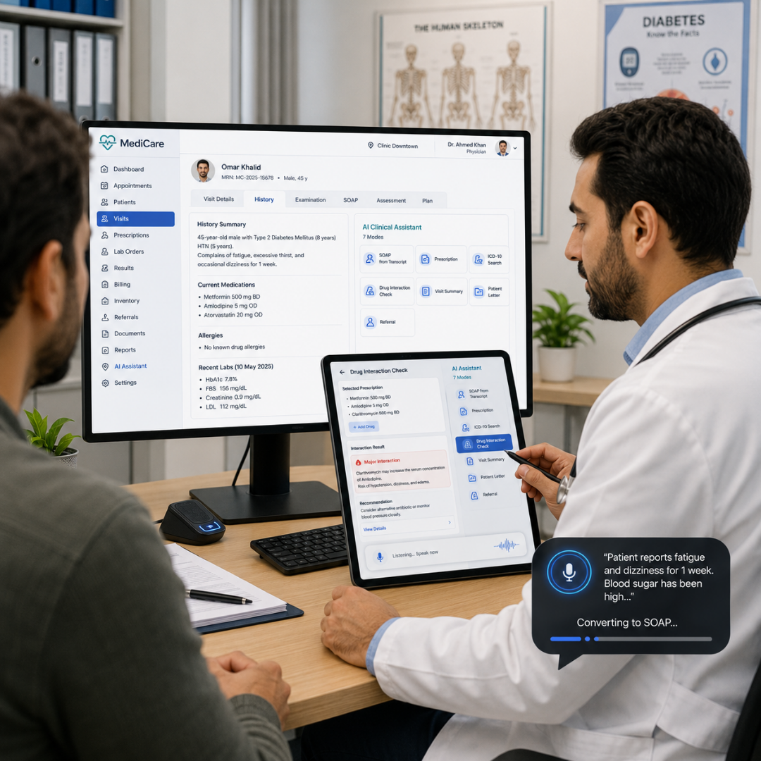 Clinician using MediCare's 7-mode AI Clinical Assistant during a patient encounter — history summary, drug-interaction check, voice-to-SOAP.