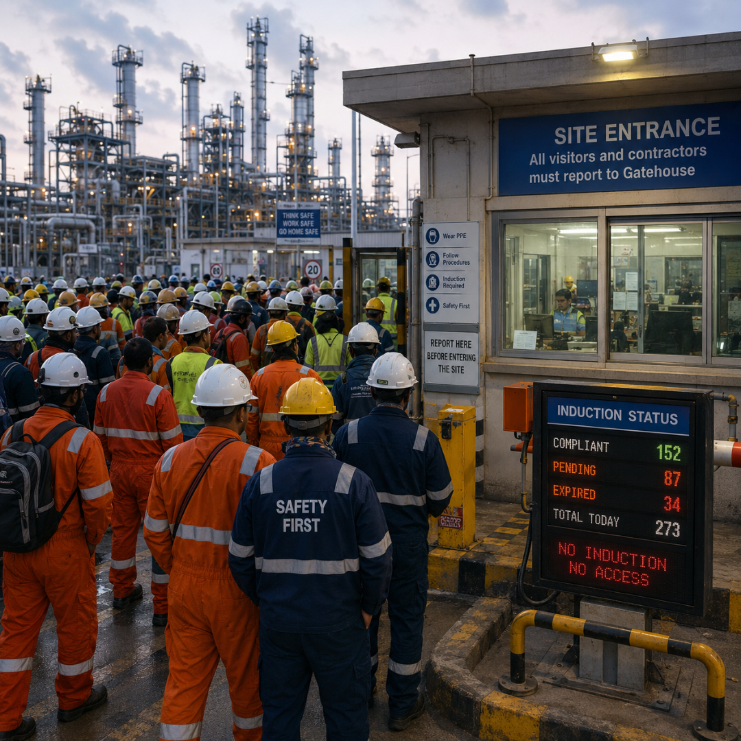 Contractor congestion at an oil and gas plant gatehouse during shift change — the operational reality Zeour visitor management and induction tracking solves.