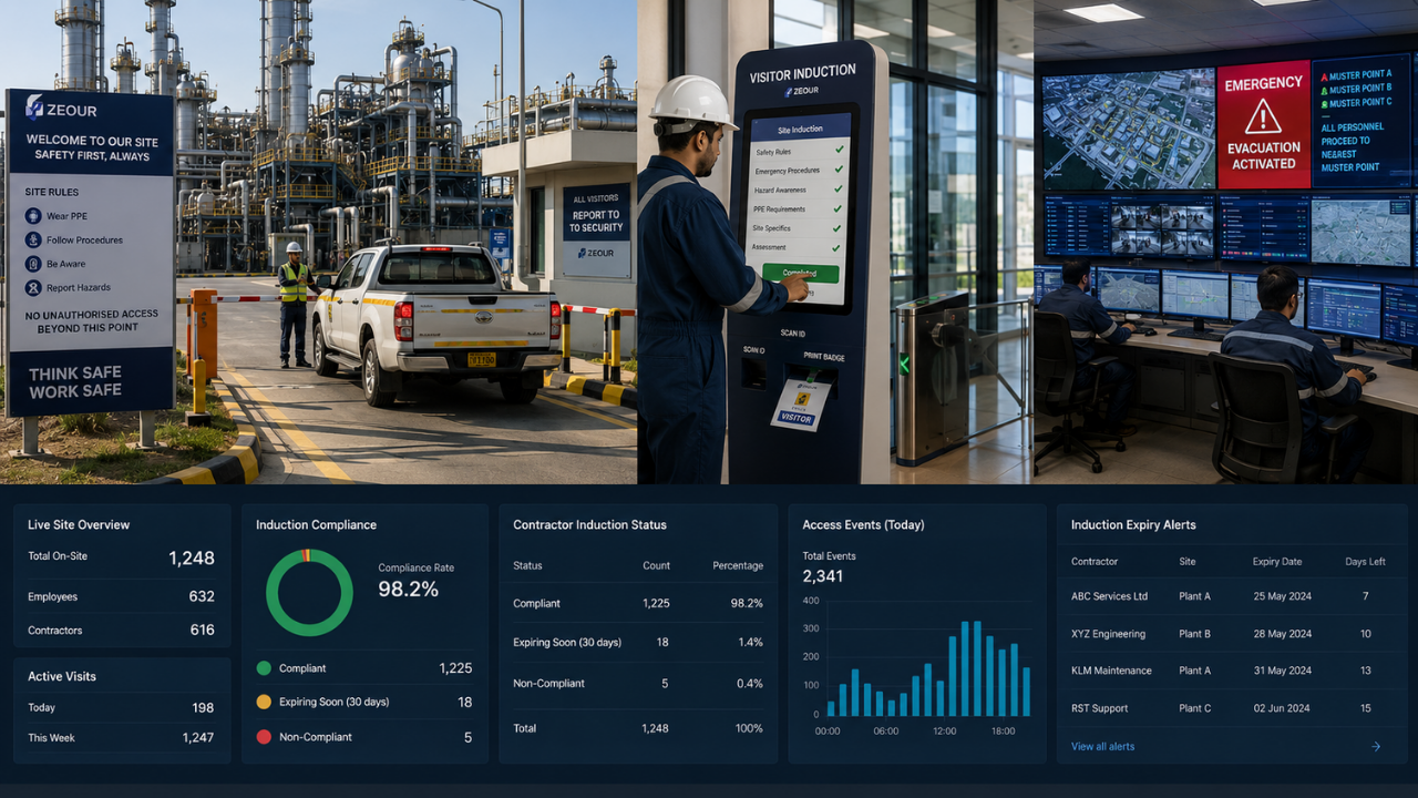 Oil and gas operator site deployment — visitor management, induction tracking, and access control across plant and corporate facilities.