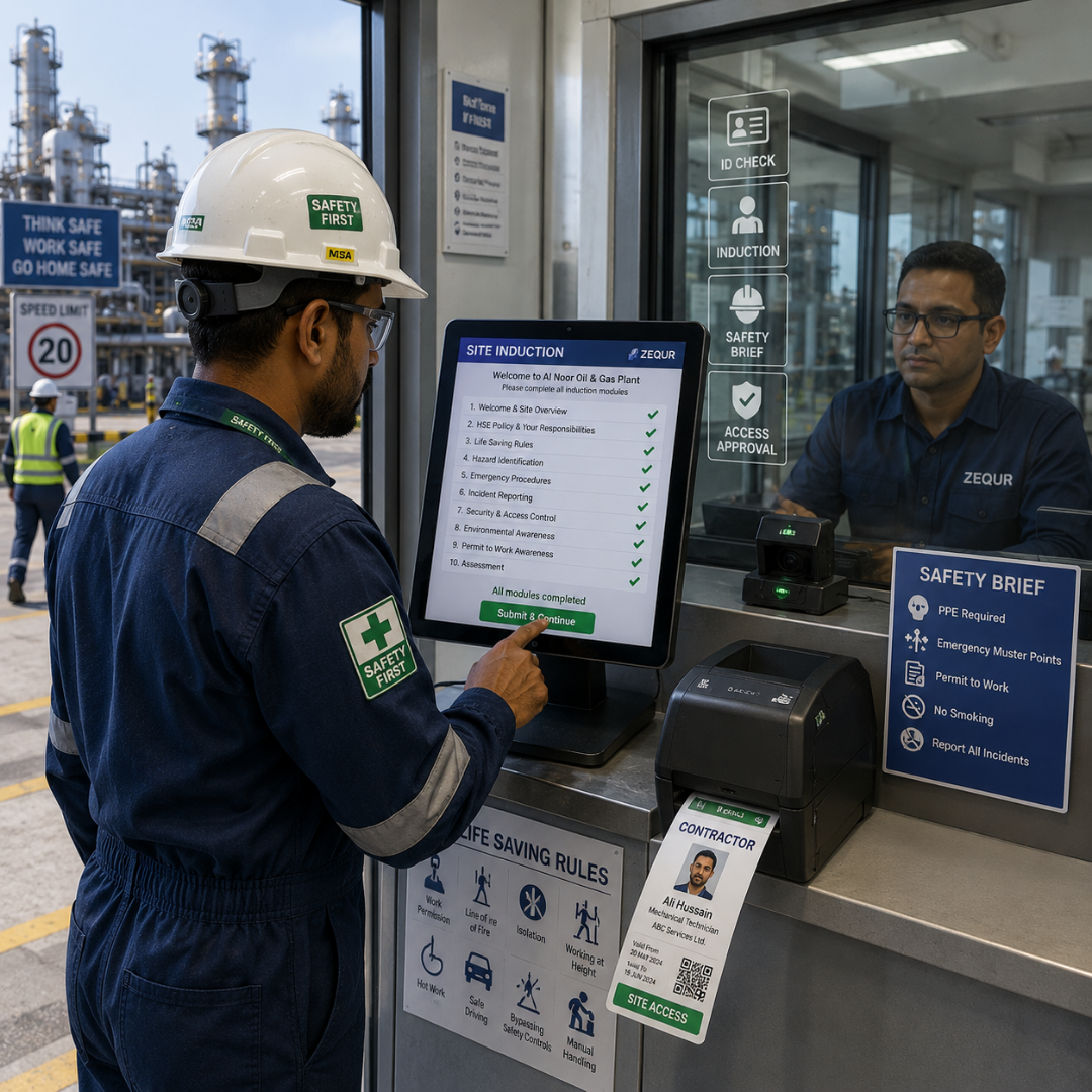 Contractor at an oil and gas plant gatehouse completing OPITO-aligned induction, safety brief, ID check, and badge print before site access.