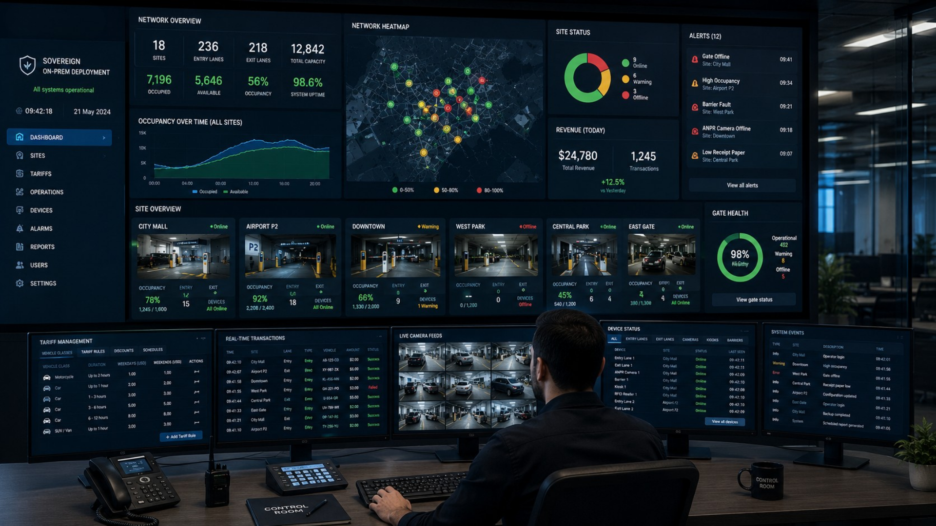 Sovereign on-prem Smart Parking control room — central tariff configuration, occupancy heatmap, gate health monitoring per site.