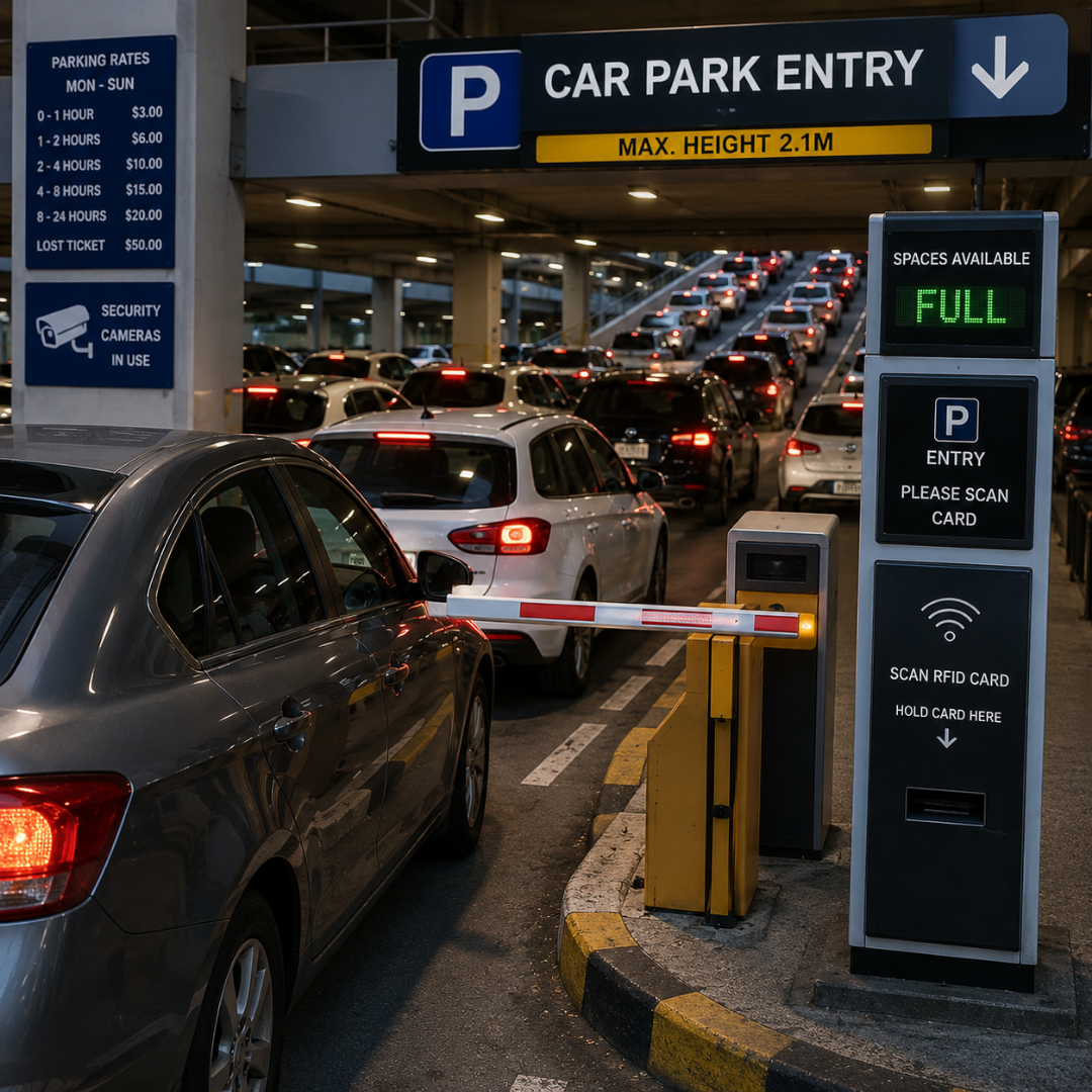 Traffic backing up at a car-park entry barrier during peak demand — the operational problem Zeour Smart Parking's on-prem licence validation and RFID throughput solves.