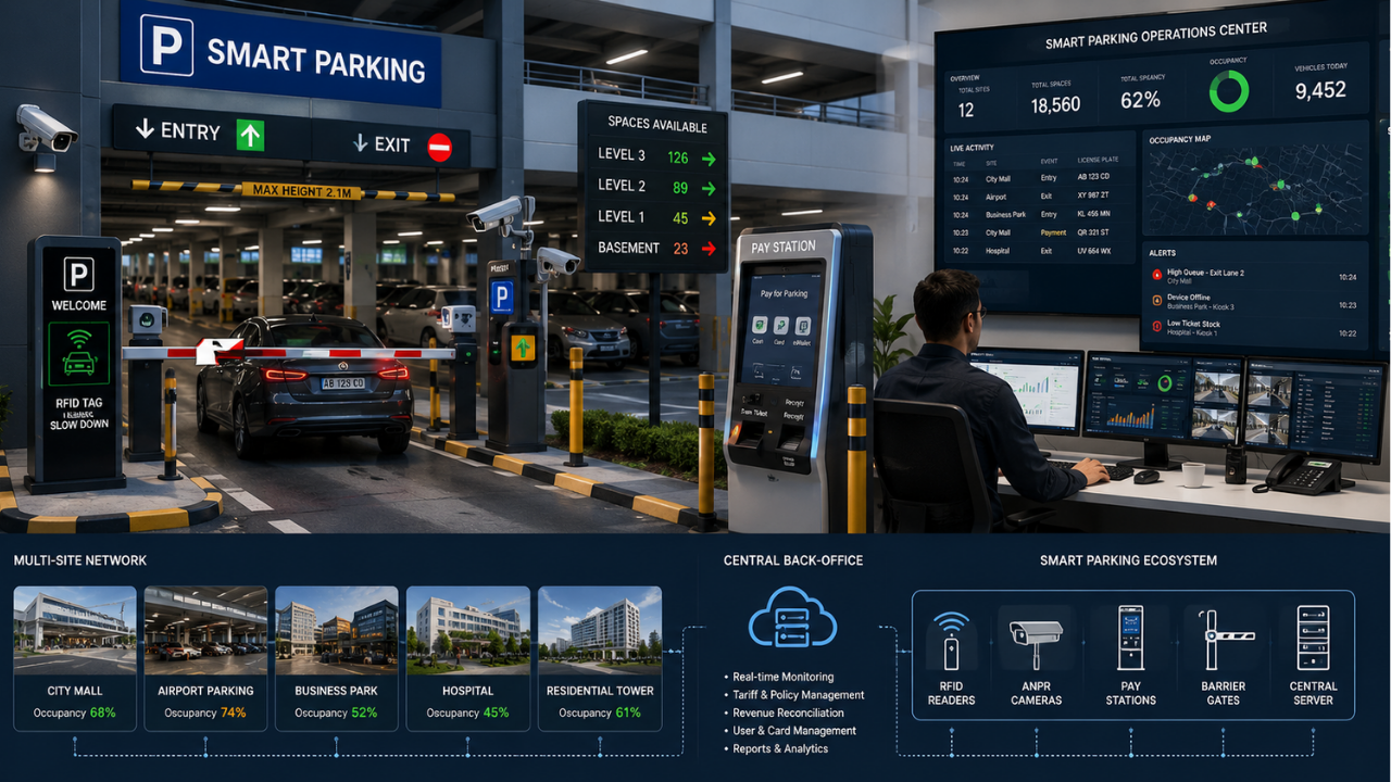 Smart Parking deployment — RFID gate barriers, ANPR cameras, pay-on-foot kiosks, and central back-office across a multi-site car-park network.