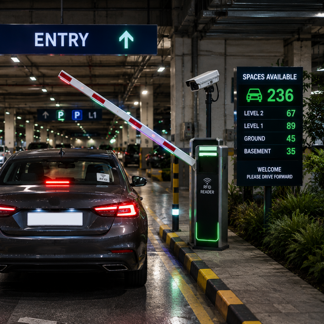 Vehicle approaching a smart-parking gate barrier with an RFID windscreen tag — sub-second read, auto-raise, occupancy decrement.