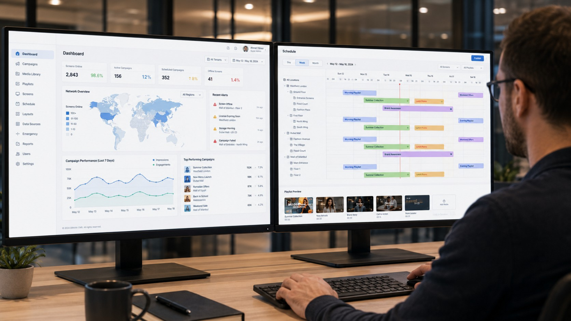 GRAVIA digital signage CMS managing dayparting and per-store content schedules across thousands of screens in a multi-tenant retail network.