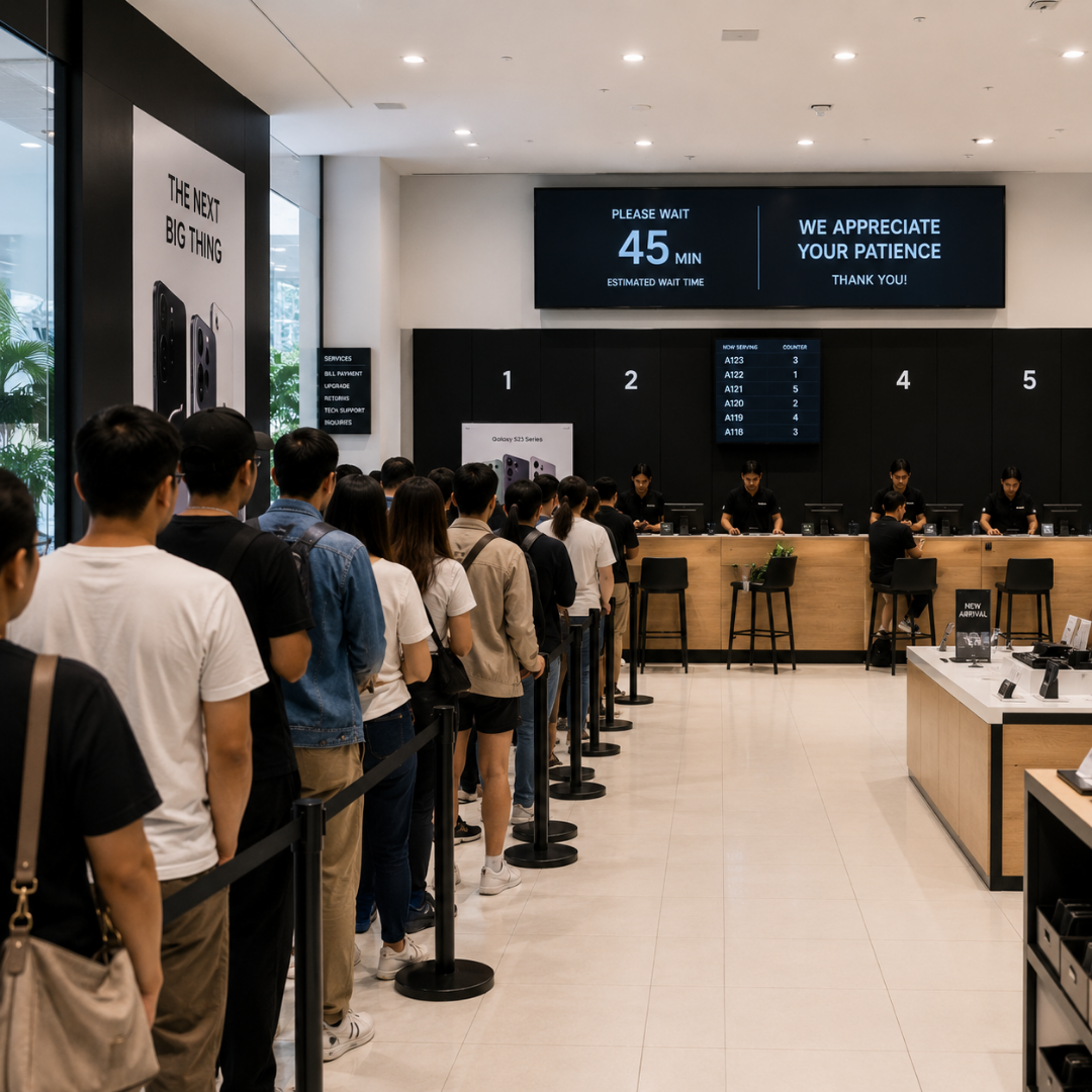 Customers waiting in a long retail queue while staffed counters sit idle — the operational mismatch Zeour skill-based routing and virtual queueing resolves.