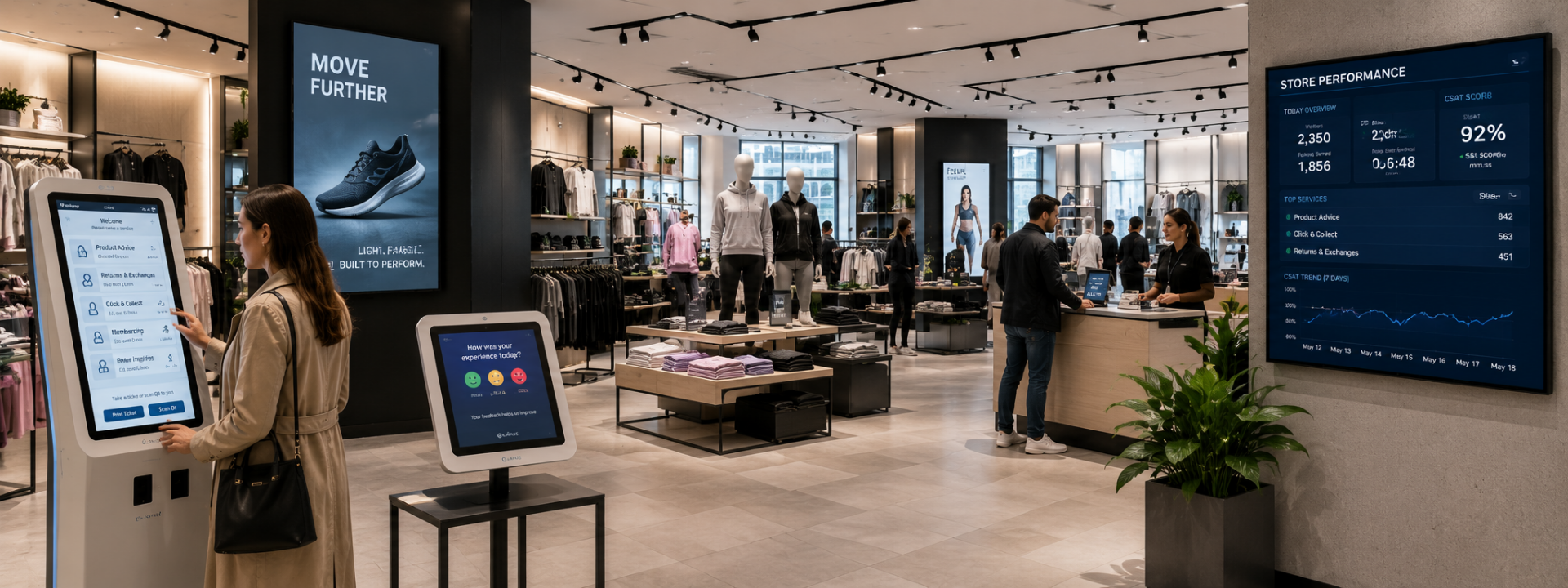 Retail flagship store deployment — digital signage, customer feedback, and self-service kiosks in operation across a brand's network.