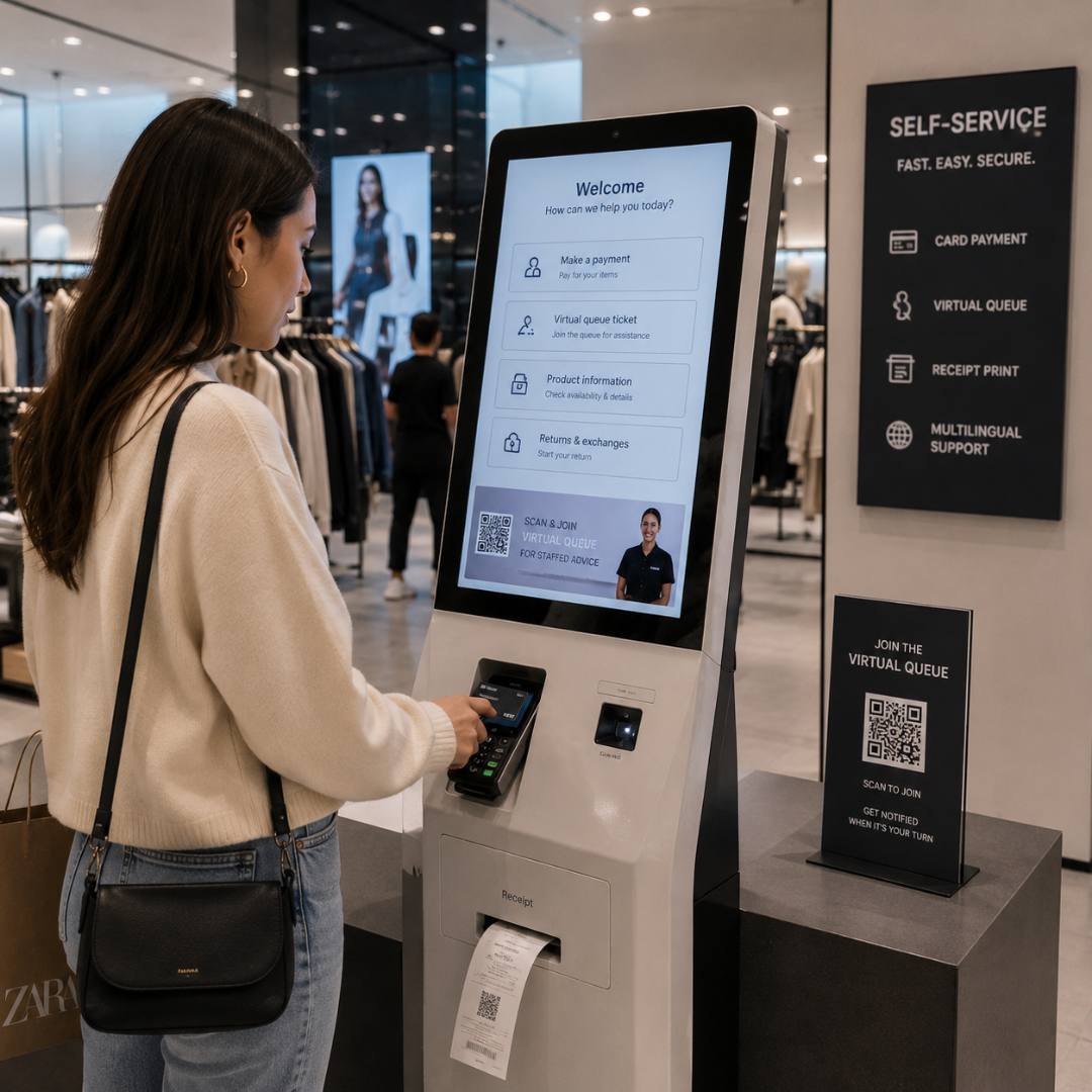 Retail customer paying at a self-service kiosk in a flagship store — card payment, receipt print, optional virtual-queue position for staffed advice.