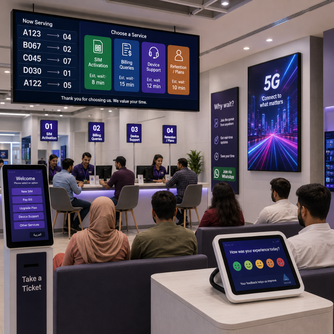 Customers waiting at a telecom retail store for SIM activation, billing queries, and device support — Zeour skill-based routing addresses the per-reason mismatch.
