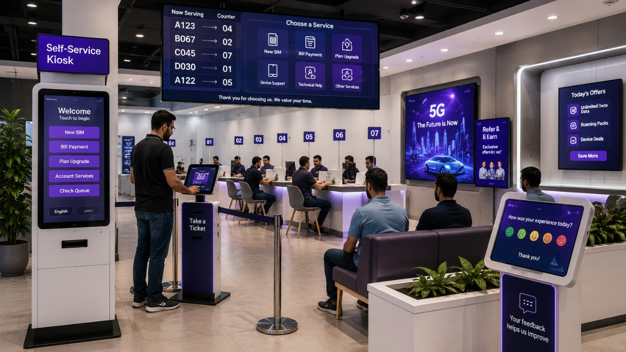 Telecom retailer flagship store deployment — queue management, customer feedback, and self-service kiosks across the retail estate.