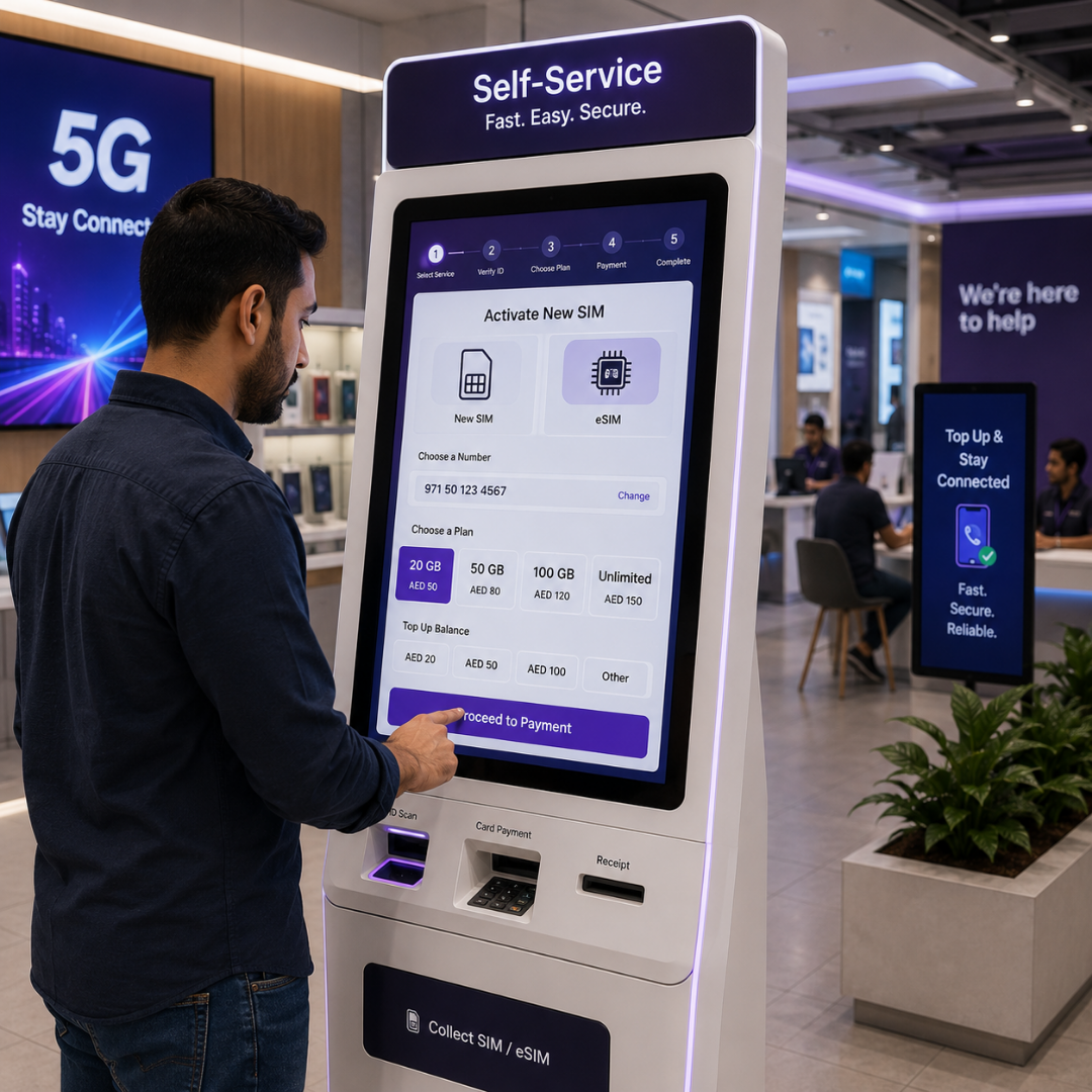 Customer at a telecom self-service kiosk activating a new SIM and topping up balance without staff intervention.